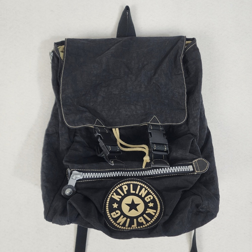 Vtg Y2K Kipling Backpack Womens Black Crinkle Nylon Flap Front Adjustable Strap